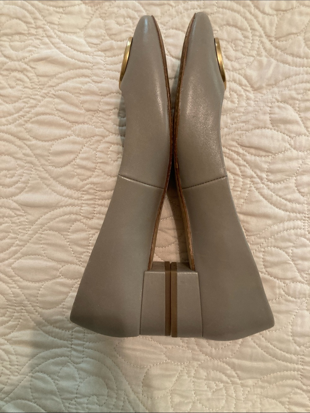 Tory Burch Chelsea Taupe Leather Logo Ballet Flats with Gold Medallions - Picture 7 of 12